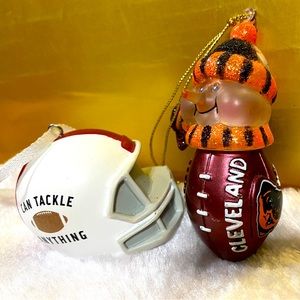FOOTBALL CHRISTMAS ORNAMENTS CLEVELAND BROWNS WILSON FOOTBALL SNOWMAN & HELMET